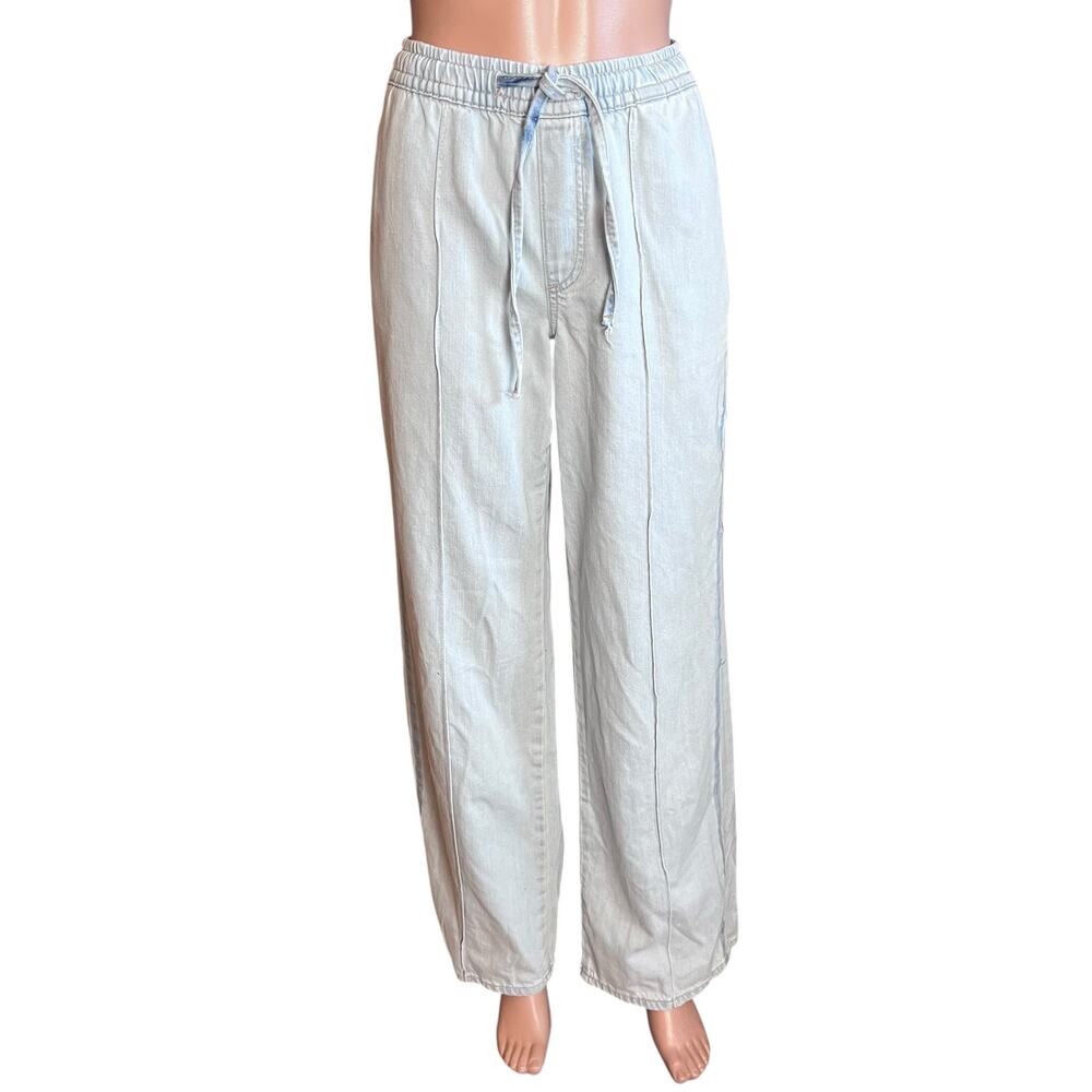Zara Elastic Tie Waist Pullon Jeans Sz 4 Front Seams Tuxedo Stripe Comfy Soft